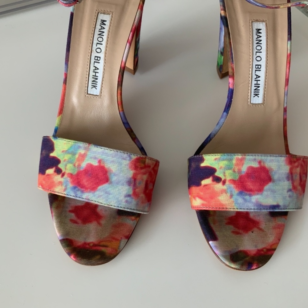 Manolo Blahnik Floral Fabric Chunky Heel Pumps